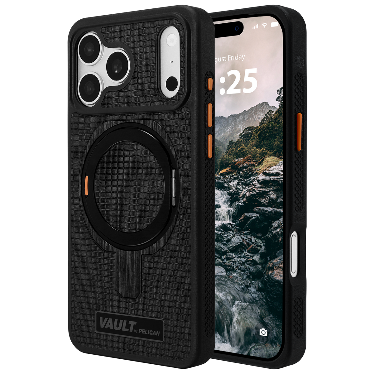 PELICAN VAULT - Black Rip Stop iPhone18 Pro Max/17 Pro Max用ケース　MagSafe対応　ブラックリップストップ　360°回転スタンド付き　[PP061082]